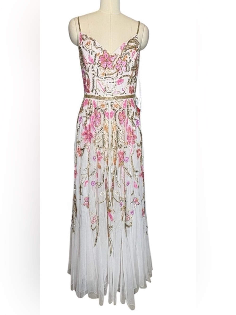 Floral Embroidered Ivory Evening Gown with Pink & Gold Detail - Picture 2 of 13